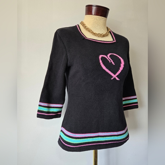 Parkhurst Cotton Country Square Neck Black Sweater Pink Heart and Stripes. Small - Picture 2 of 10